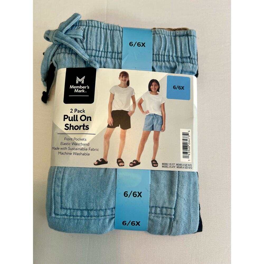 Member's Mark Girls 2-Pack Elastic Waist Pull-On Shorts Black/Chambray Size 7/8